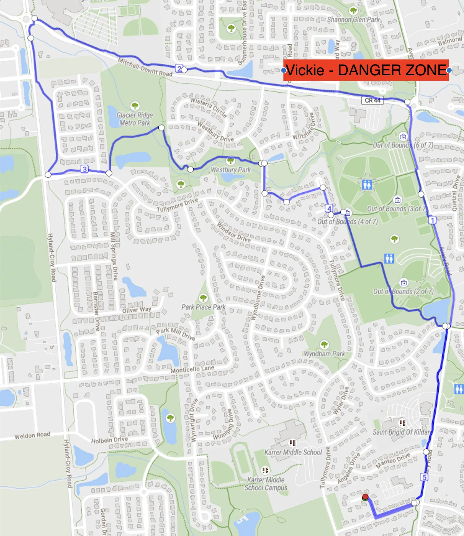 Cycling route map — a 5 mile loop around Dublin ridden 3 times
