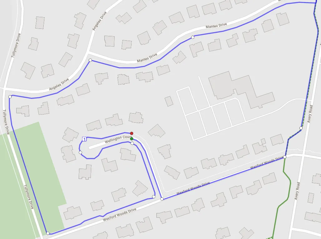 Running route map — a 1 mile neighborhood loop run 5 times